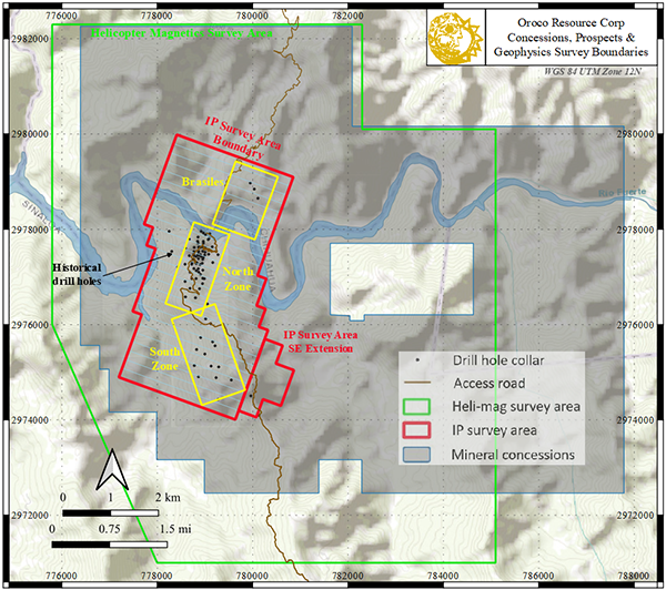 Map showing the extents of aeromagnetic and ground DCIP geophysical surveys.