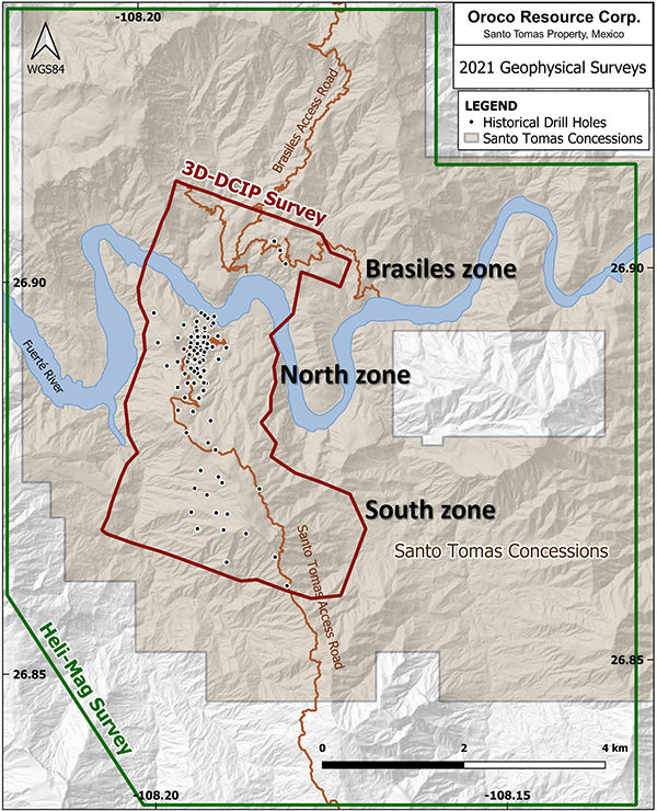 Figure 1. Location of the geophysical surveys at the Santo Tomás deposit area.