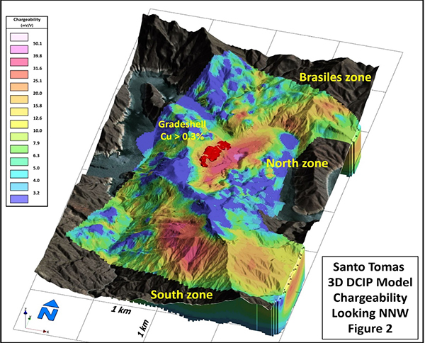 Figure 2. DCIP Chargeability Draped on the Orthophoto Base, Looking NNW